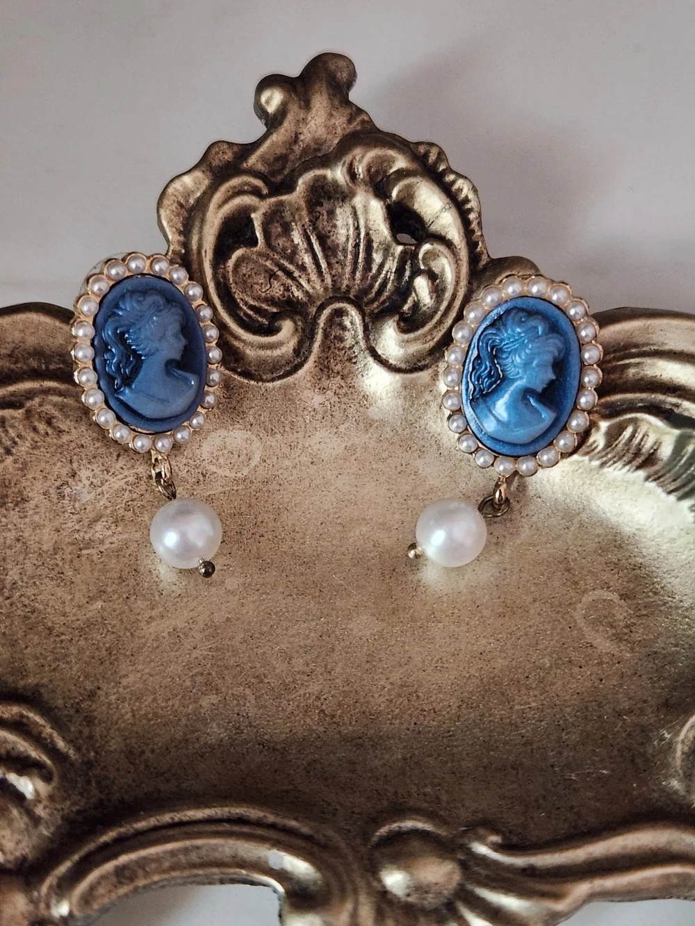 Blue Cameo Faux Pearl Drop Earrings - Elegant Women's Jewelry